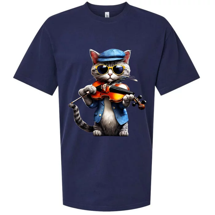 Funny Orchestra Musician Violinist Cat Playing Violin Gift Sueded Cloud Jersey T-Shirt