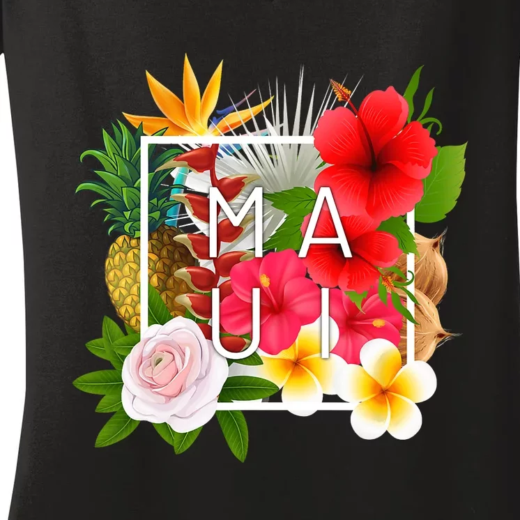 Flowers Of Maui Word Art Hawaiian Island Hawaii Strong Women's V-Neck T-Shirt