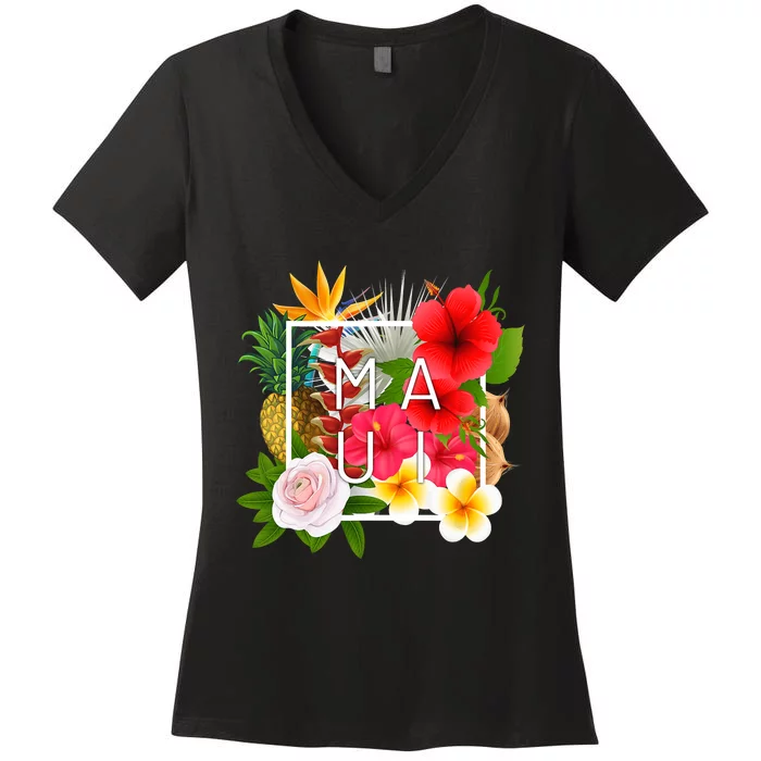 Flowers Of Maui Word Art Hawaiian Island Hawaii Strong Women's V-Neck T-Shirt