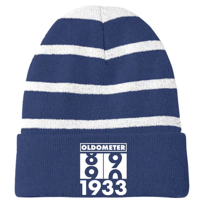 Funny Oldometer Made In 1933 90th Birthday Striped Beanie with Solid Band