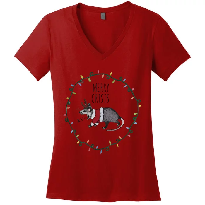 Festive Opossum Merry Crisis Merry Christmas Women's V-Neck T-Shirt