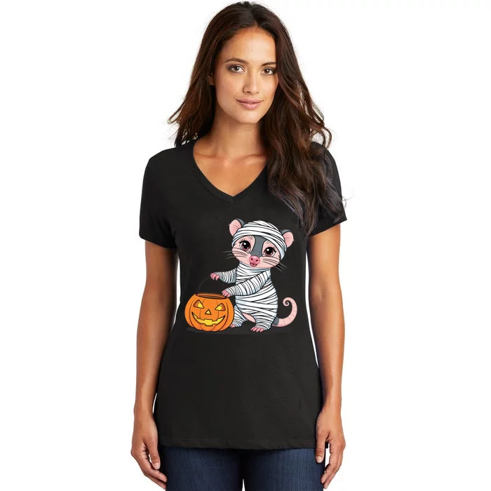 Funny Opossum Mummy Pumpkin Trick Or Treat Halloween Design Women's V-Neck T-Shirt