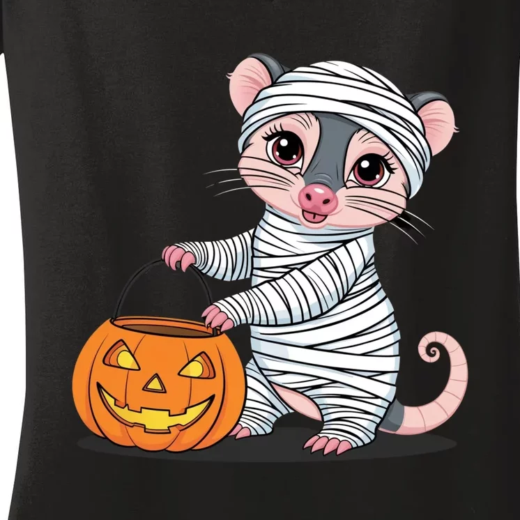 Funny Opossum Mummy Pumpkin Trick Or Treat Halloween Design Women's V-Neck T-Shirt