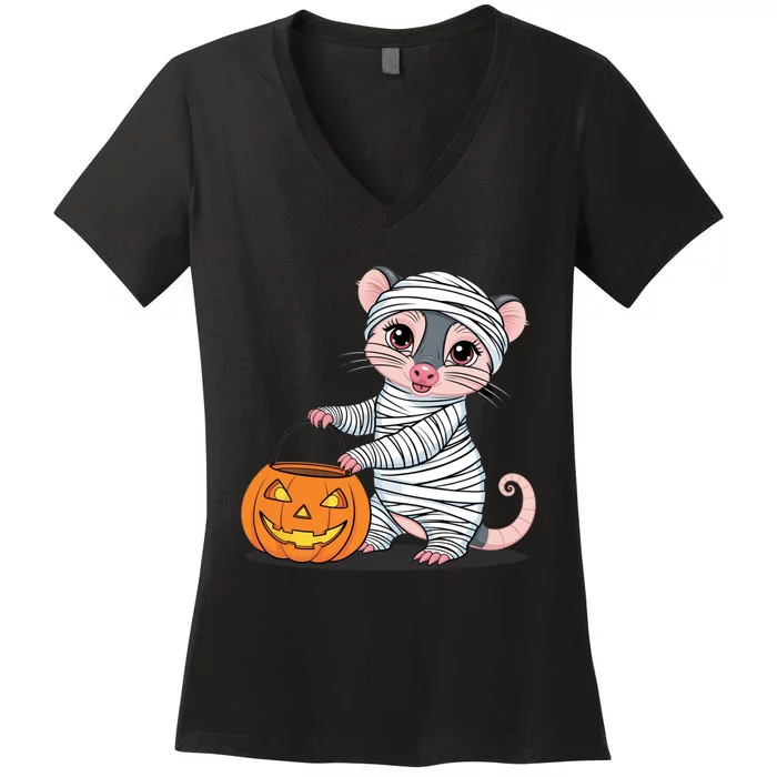 Funny Opossum Mummy Pumpkin Trick Or Treat Halloween Design Women's V-Neck T-Shirt