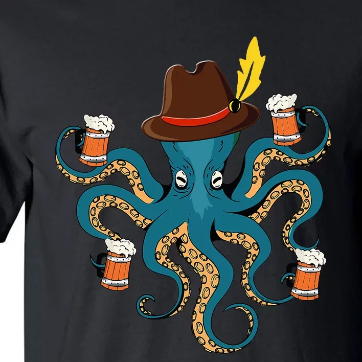 Funny Oktoberfest Octopus With Beer German Hat Oktoberfest Tall T-Shirt