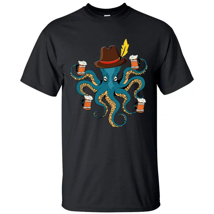 Funny Oktoberfest Octopus With Beer German Hat Oktoberfest Tall T-Shirt