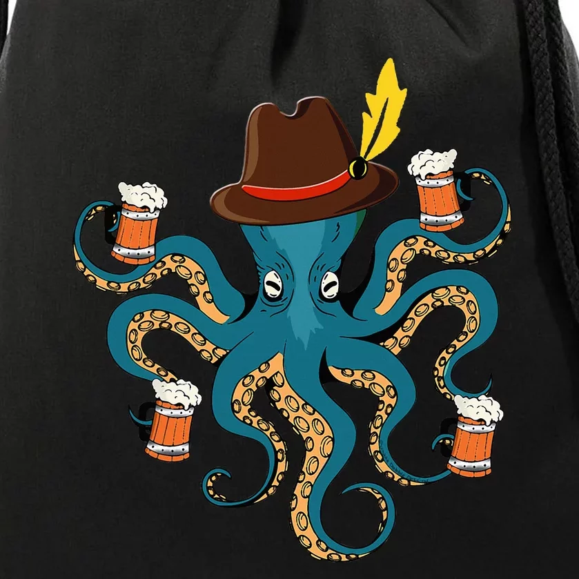 Funny Oktoberfest Octopus With Beer German Hat Oktoberfest Drawstring Bag