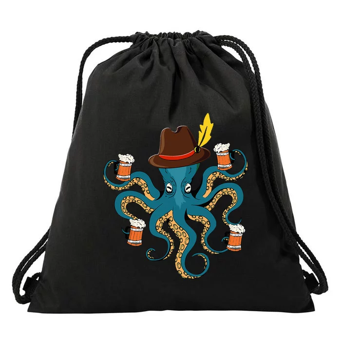 Funny Oktoberfest Octopus With Beer German Hat Oktoberfest Drawstring Bag