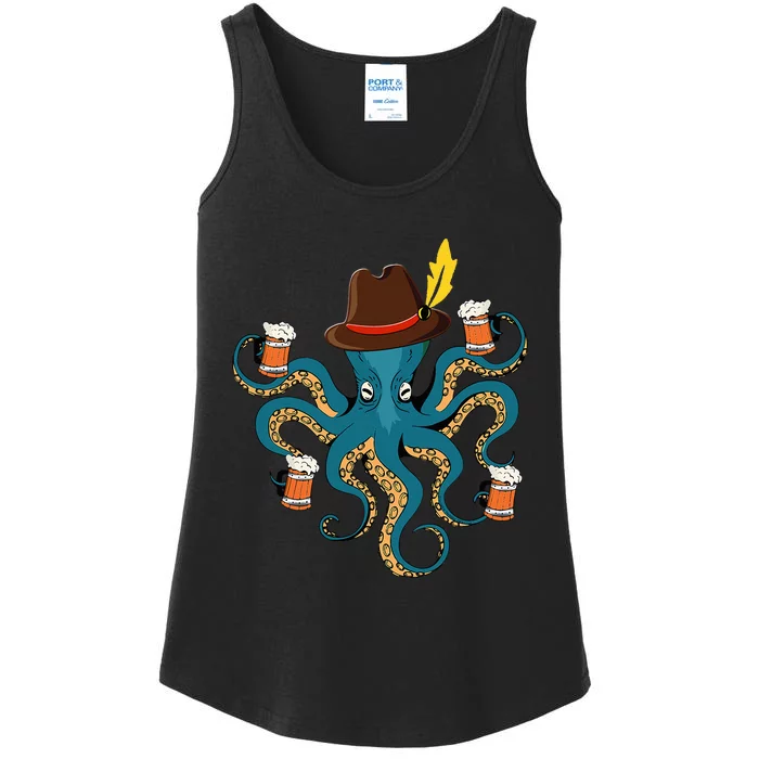 Funny Oktoberfest Octopus With Beer German Hat Oktoberfest Ladies Essential Tank