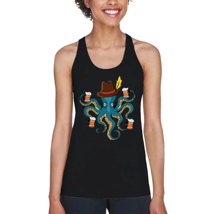 Funny Oktoberfest Octopus With Beer German Hat Oktoberfest Women's Racerback Tank