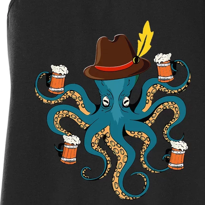 Funny Oktoberfest Octopus With Beer German Hat Oktoberfest Women's Racerback Tank