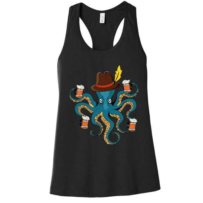 Funny Oktoberfest Octopus With Beer German Hat Oktoberfest Women's Racerback Tank