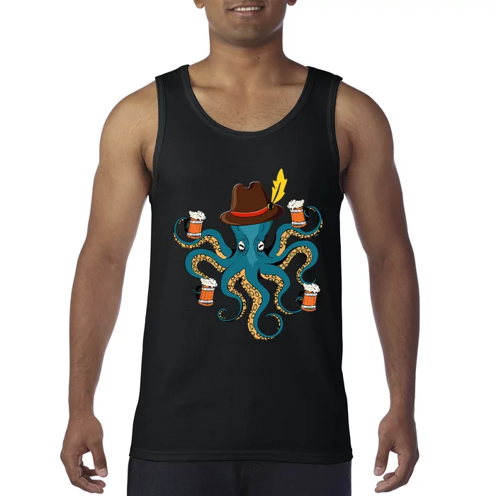 Funny Oktoberfest Octopus With Beer German Hat Oktoberfest Tank Top