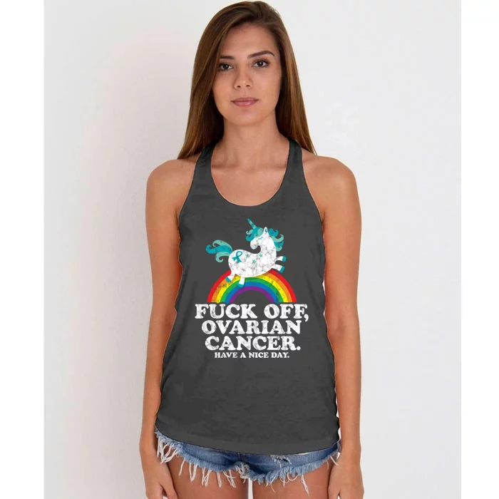 Fuck Off Ovarian Cancer Fighting Quote Unicorn Rainbow Gift Women's Knotted Racerback Tank