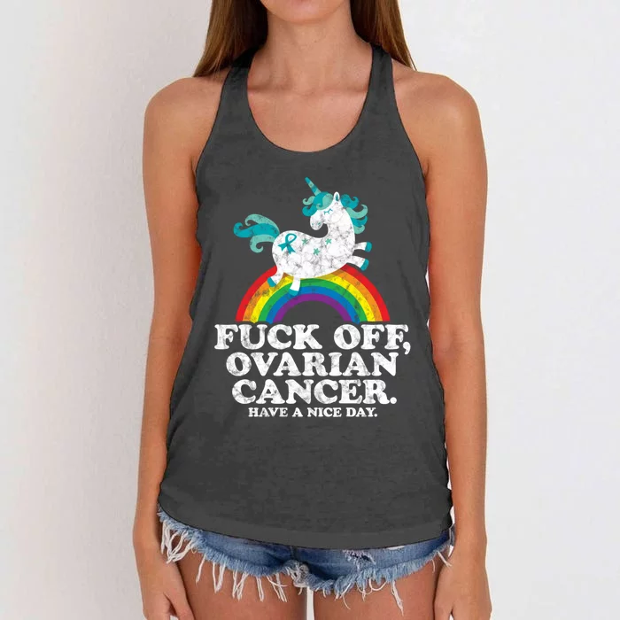 Fuck Off Ovarian Cancer Fighting Quote Unicorn Rainbow Gift Women's Knotted Racerback Tank