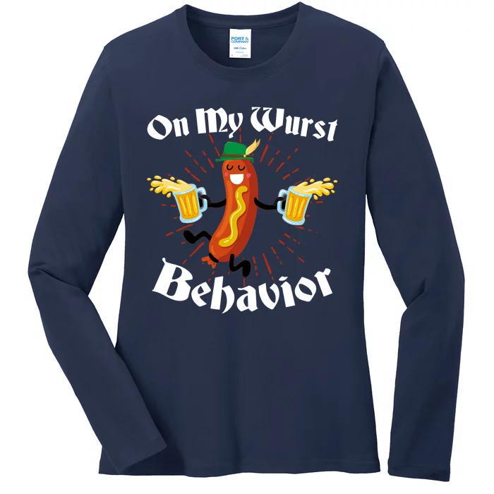 Funny Oktoberfest On My Wurst Behavior Ladies Long Sleeve Shirt