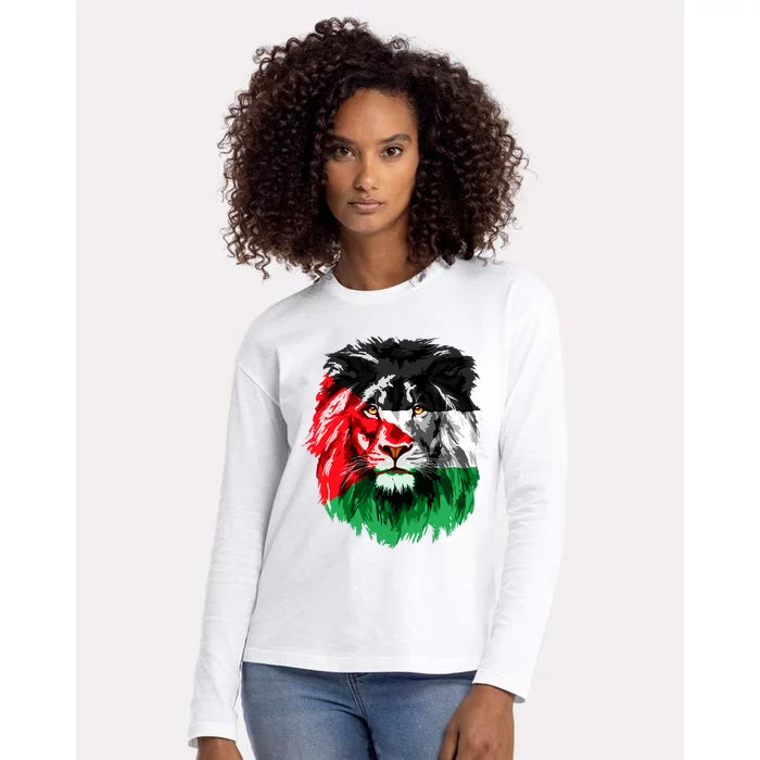 Flag Of Palestine Lion Face Palestine Flag Womens Cotton Relaxed Long Sleeve T-Shirt