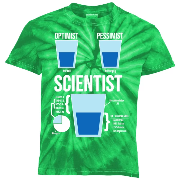 Funny Optimist Pessimist Scientist Kids Tie-Dye T-Shirt