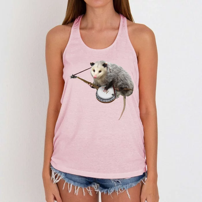 Funny Opossum Playing Banjo Women's Knotted Racerback Tank