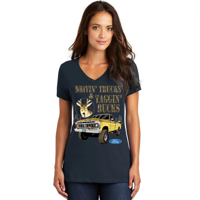 Ford Drivin Trucks & Taggin Bucks Women's V-Neck T-Shirt