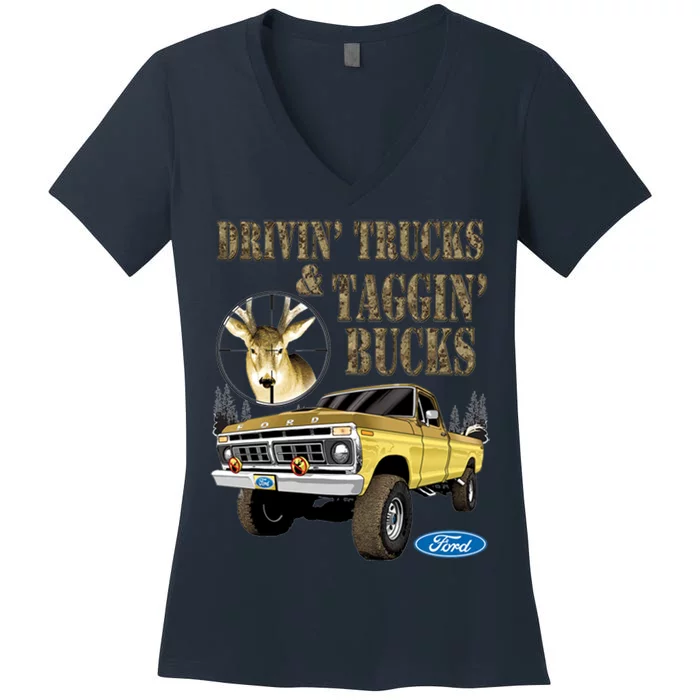 Ford Drivin Trucks & Taggin Bucks Women's V-Neck T-Shirt