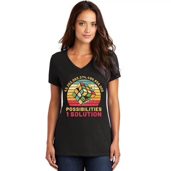 Funny One Solution Speed Cubing Retro Math Women's V-Neck T-Shirt