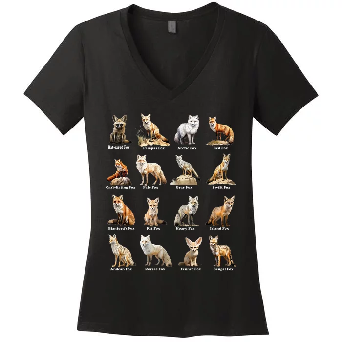 Foxes Of The World Funny Fox Animals Educational Design Women's V-Neck T-Shirt