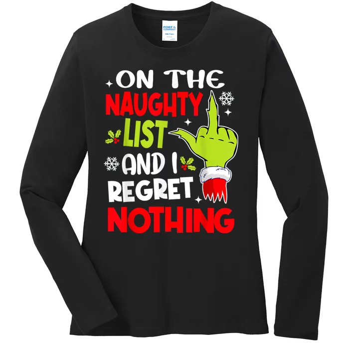 Funny On The List Of Naughty And I Regret Nothing Christmas Ladies Long Sleeve Shirt