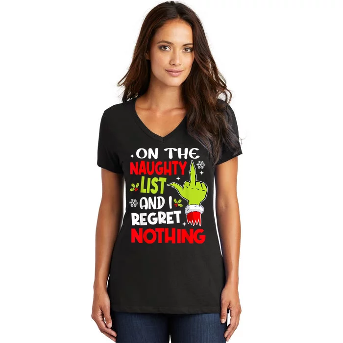 Funny On The List Of Naughty And I Regret Nothing Christmas Women's V-Neck T-Shirt