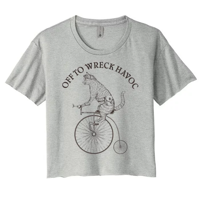 Funny Old Timey Vintage Cat Off To Wreck Havoc Women's Crop Top Tee