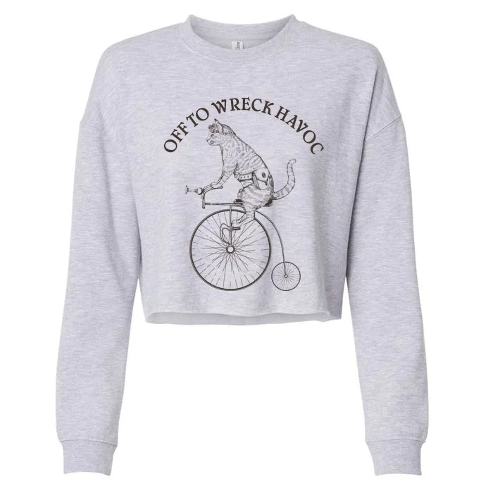 Funny Old Timey Vintage Cat Off To Wreck Havoc Cropped Pullover Crew