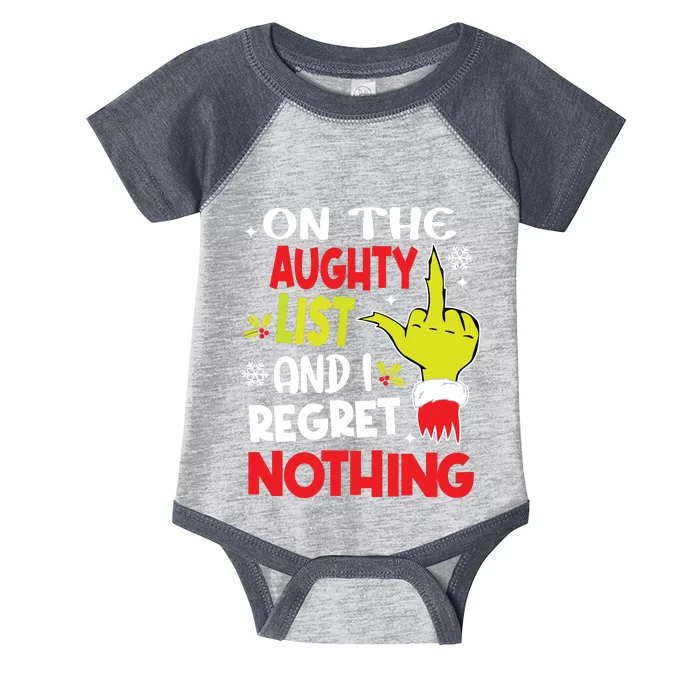 Funny On The List Of Naughty And I Regret Nothing Christmas Infant Baby Jersey Bodysuit