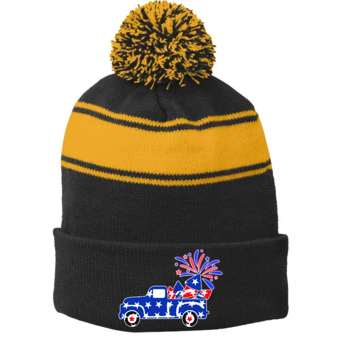 Fourth of July Fireworks Pickup Truck Stripe Pom Pom Beanie