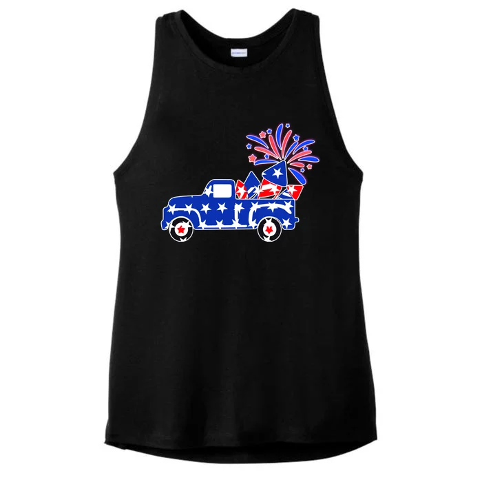 Fourth of July Fireworks Pickup Truck Ladies Tri-Blend Wicking Tank