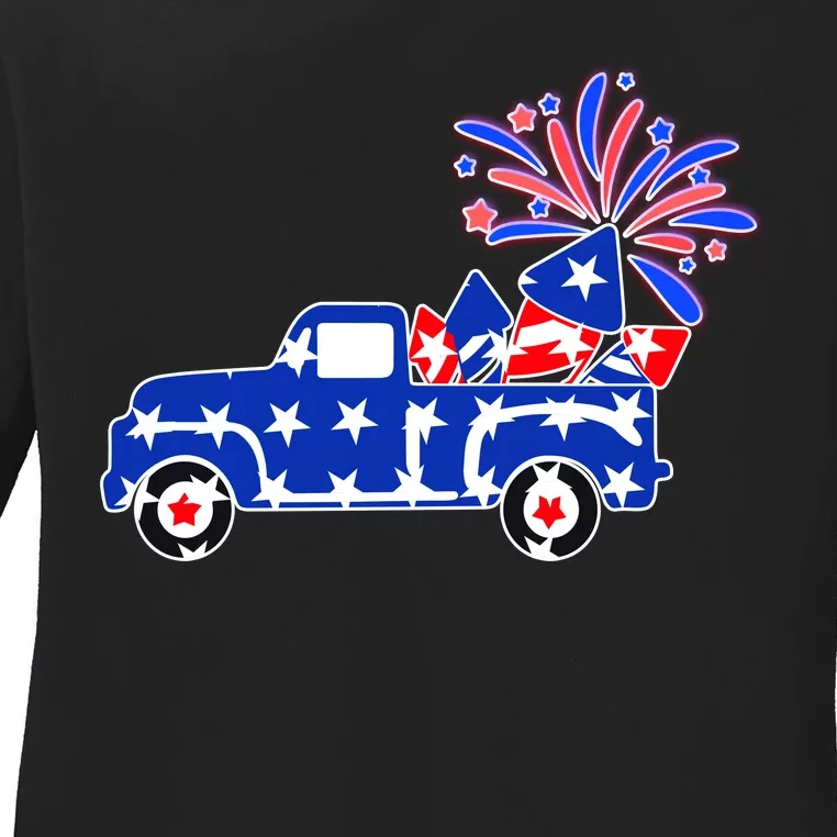 Fourth of July Fireworks Pickup Truck Ladies Long Sleeve Shirt