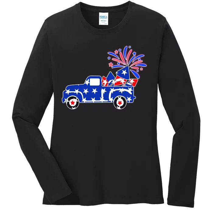 Fourth of July Fireworks Pickup Truck Ladies Long Sleeve Shirt