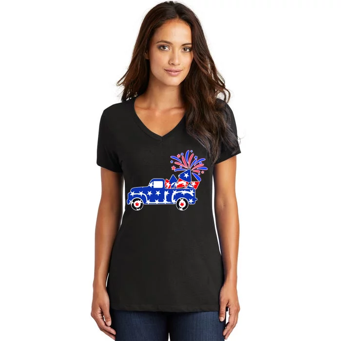 Fourth of July Fireworks Pickup Truck Women's V-Neck T-Shirt