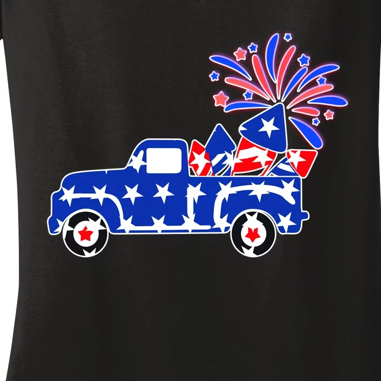 Fourth of July Fireworks Pickup Truck Women's V-Neck T-Shirt