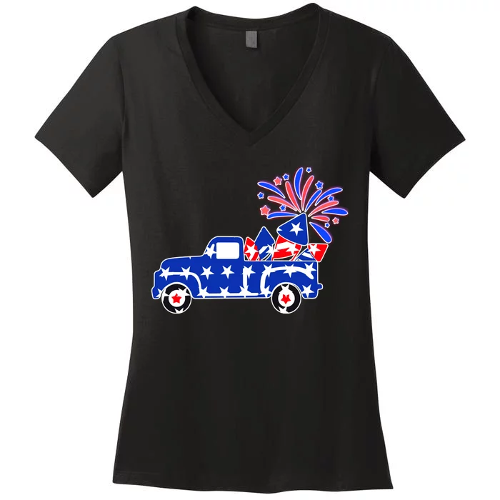 Fourth of July Fireworks Pickup Truck Women's V-Neck T-Shirt