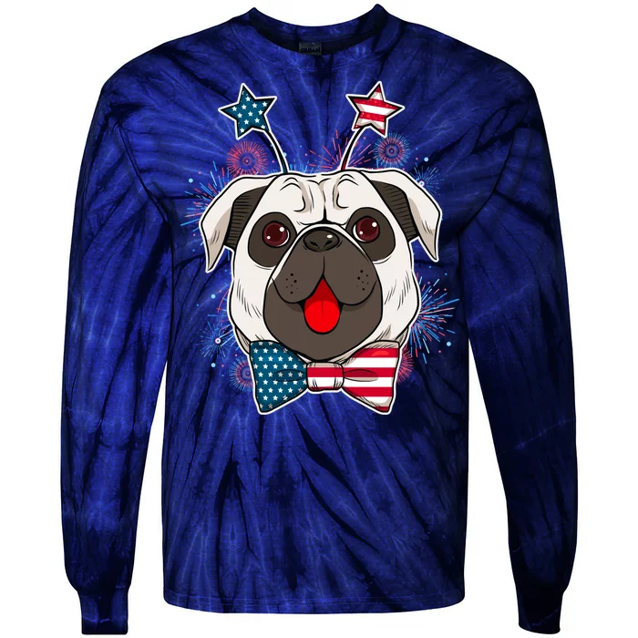 Fourth of July Fireworks Pug Dog Tie-Dye Long Sleeve Shirt