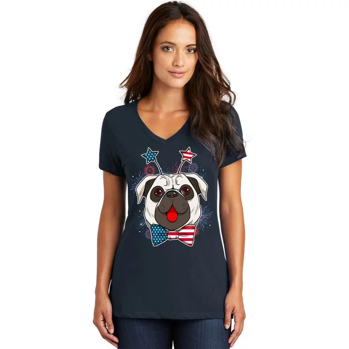 Fourth of July Fireworks Pug Dog Women's V-Neck T-Shirt