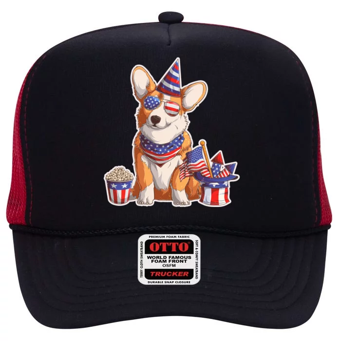 Fourth of July USA American Corgi High Crown Mesh Trucker Hat