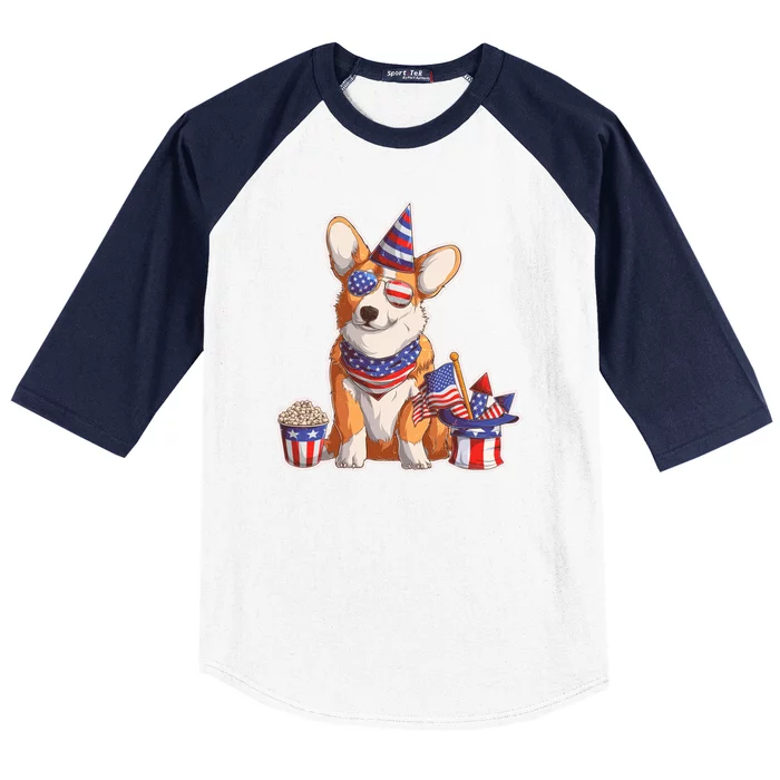 Fourth of July USA American Corgi Baseball Sleeve Shirt