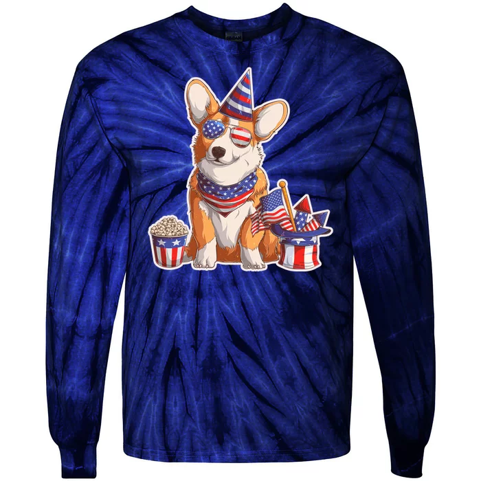 Fourth of July USA American Corgi Tie-Dye Long Sleeve Shirt