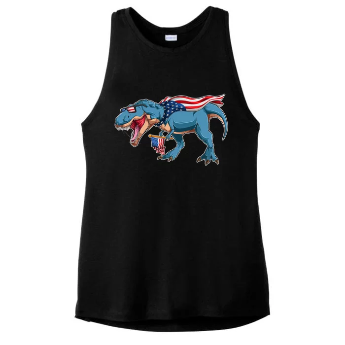 Fourth of July USA American T-Rex Ladies Tri-Blend Wicking Tank