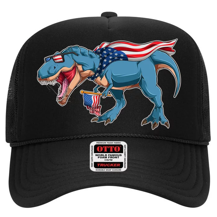 Fourth of July USA American T-Rex High Crown Mesh Trucker Hat