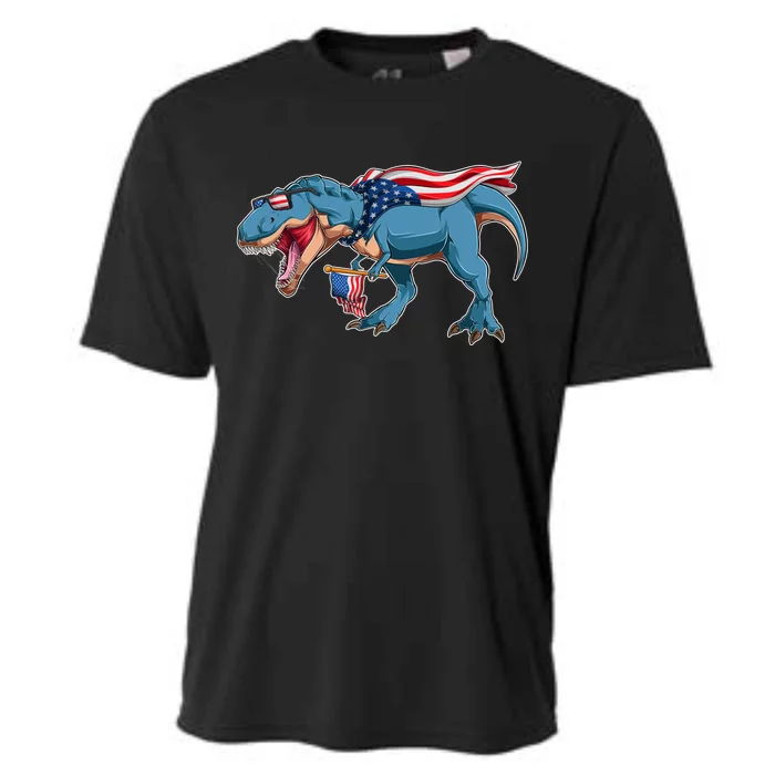 Fourth of July USA American T-Rex Cooling Performance Crew T-Shirt