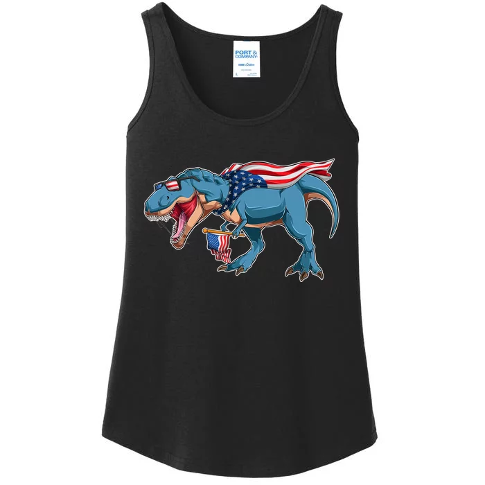 Fourth of July USA American T-Rex Ladies Essential Tank