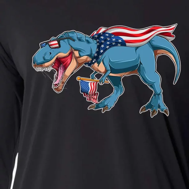 Fourth of July USA American T-Rex Cooling Performance Long Sleeve Crew