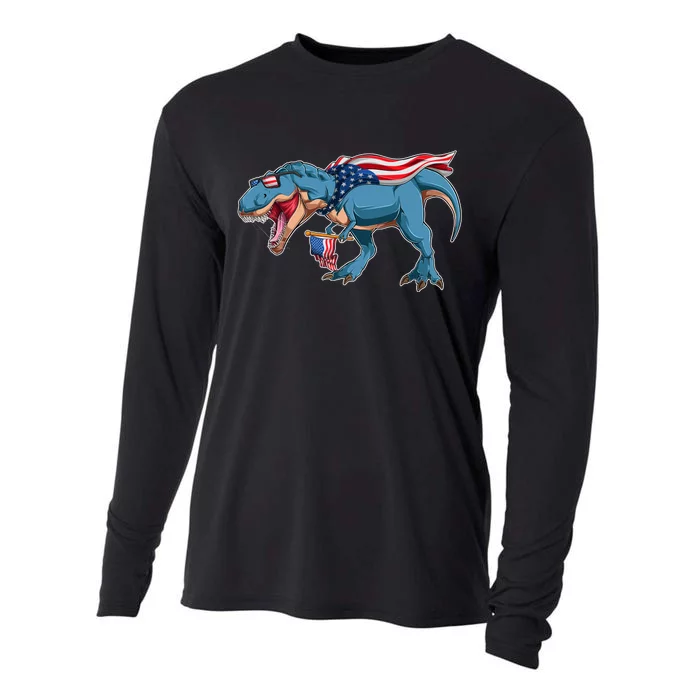 Fourth of July USA American T-Rex Cooling Performance Long Sleeve Crew